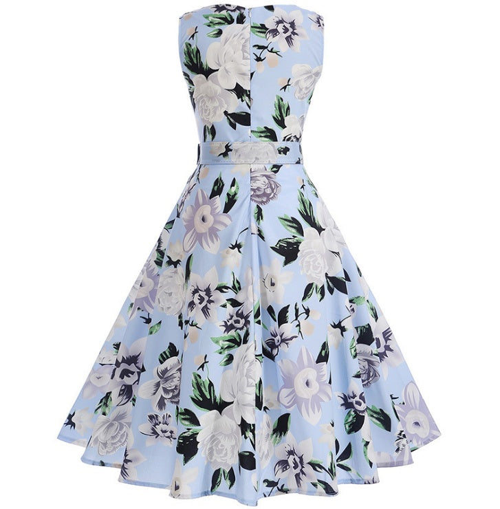 Hepburn Style Vintage Bloemenprint Mouwloze Cocktail Jurk met Riem voor Dames & Plus-size