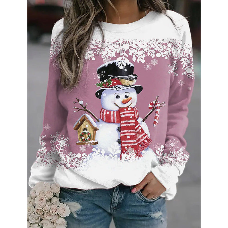 Kerstmis Casual Oversized Bedrukte Sneeuwpop-Print Sweatshirt met Ronde Hals