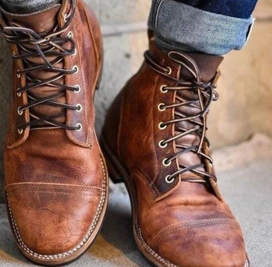 Europese en Amerikaanse Vintage Casual Workerboots van Premium Leer met Vetersluiting en Ronde Neus voor Heren