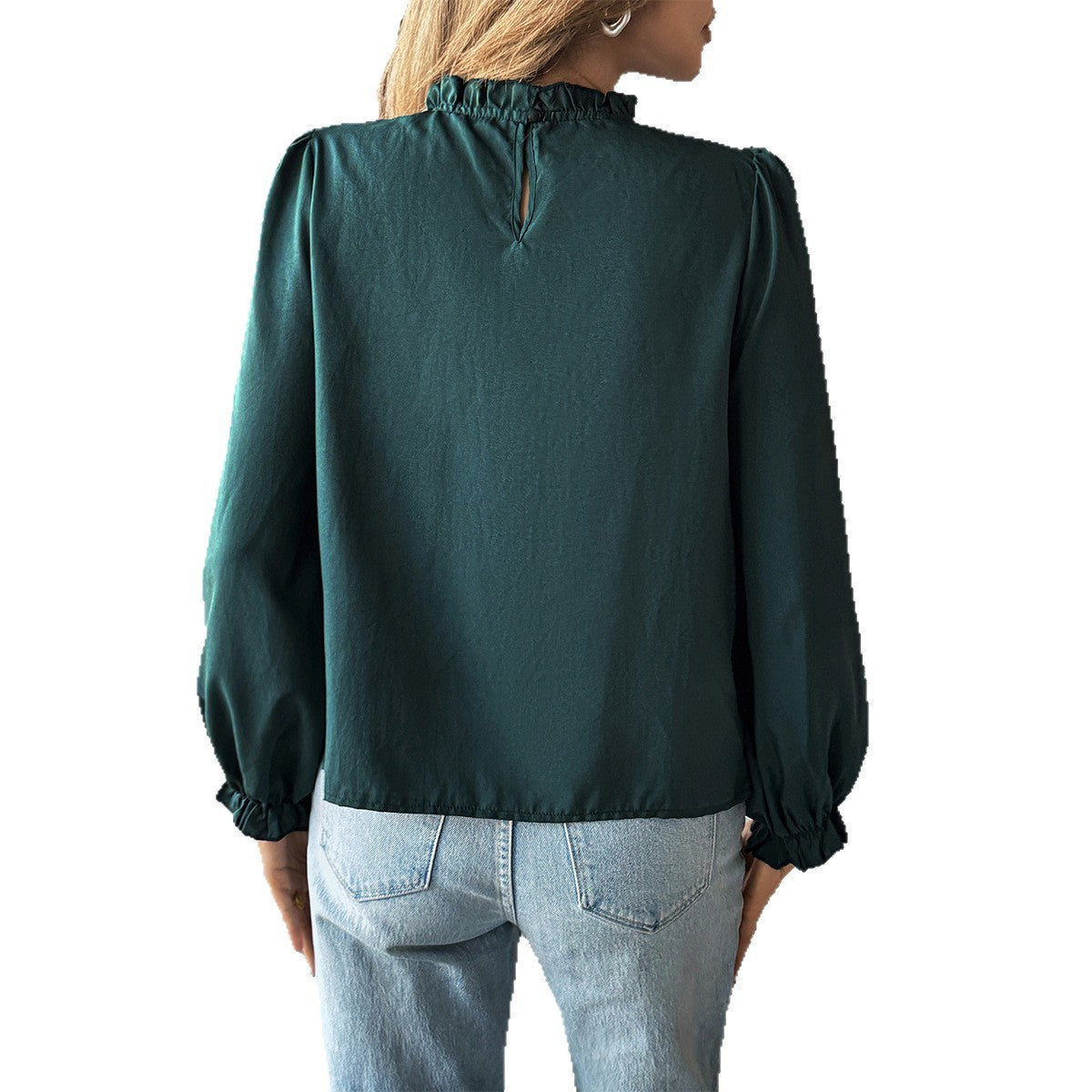 Europese Mosieuze Elegante Effen Kleur Gepooide Selvedge Shirt met Hoge Hals en Lange Lantaarn Mouwen voor Dames