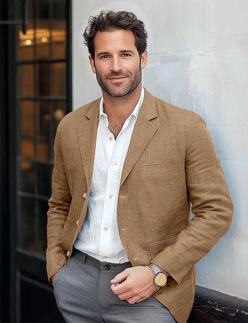 Retro Casual Effen Kleur Katoenen en Linnen Blazer met Knoopsluiting voor Heren & Jongens