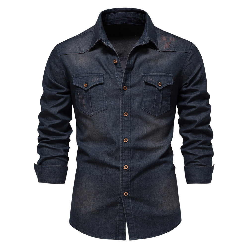 Stijlvolle Designer Casual Slim-Fit Spijker-Overhemd in Effen Kleur met Lange Mouwen en Zakken voor Heren