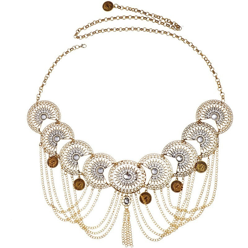 Modieuze Retro Etnische Stijl Holle Tailleketting met Muntenkwastjes van Legering voor Dames