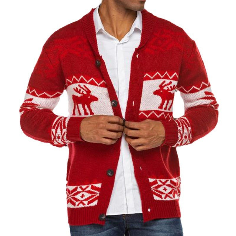 Kerstmis Unieke Gebreide Jacquard Kerst Trui-Cardigan met All-Over Gebreide Kerstprint en Knoopsluiting voor Heren