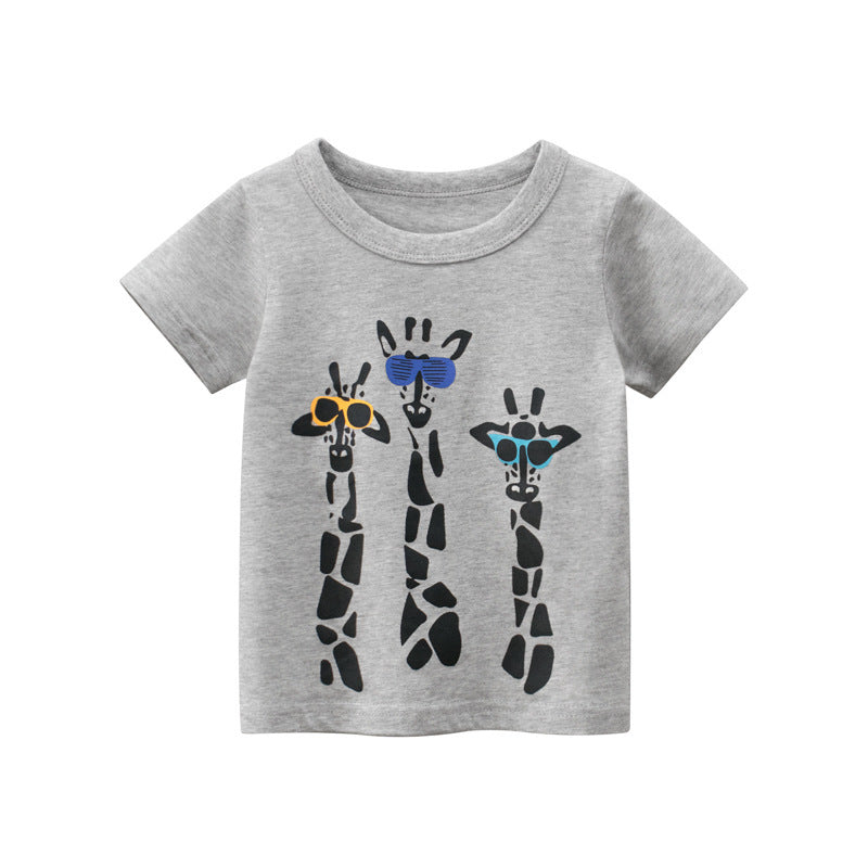 Stijlvolle Casual Effen Kleur Bedrukte Cartoon Print T-shirt met Ronde Hals en Korte Mouwen voor Kinderen