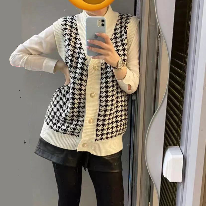 Europese en Amerikaanse Stijl Mouwloze Gebreide Trui-Vest met Geruitpatroon voor Dames