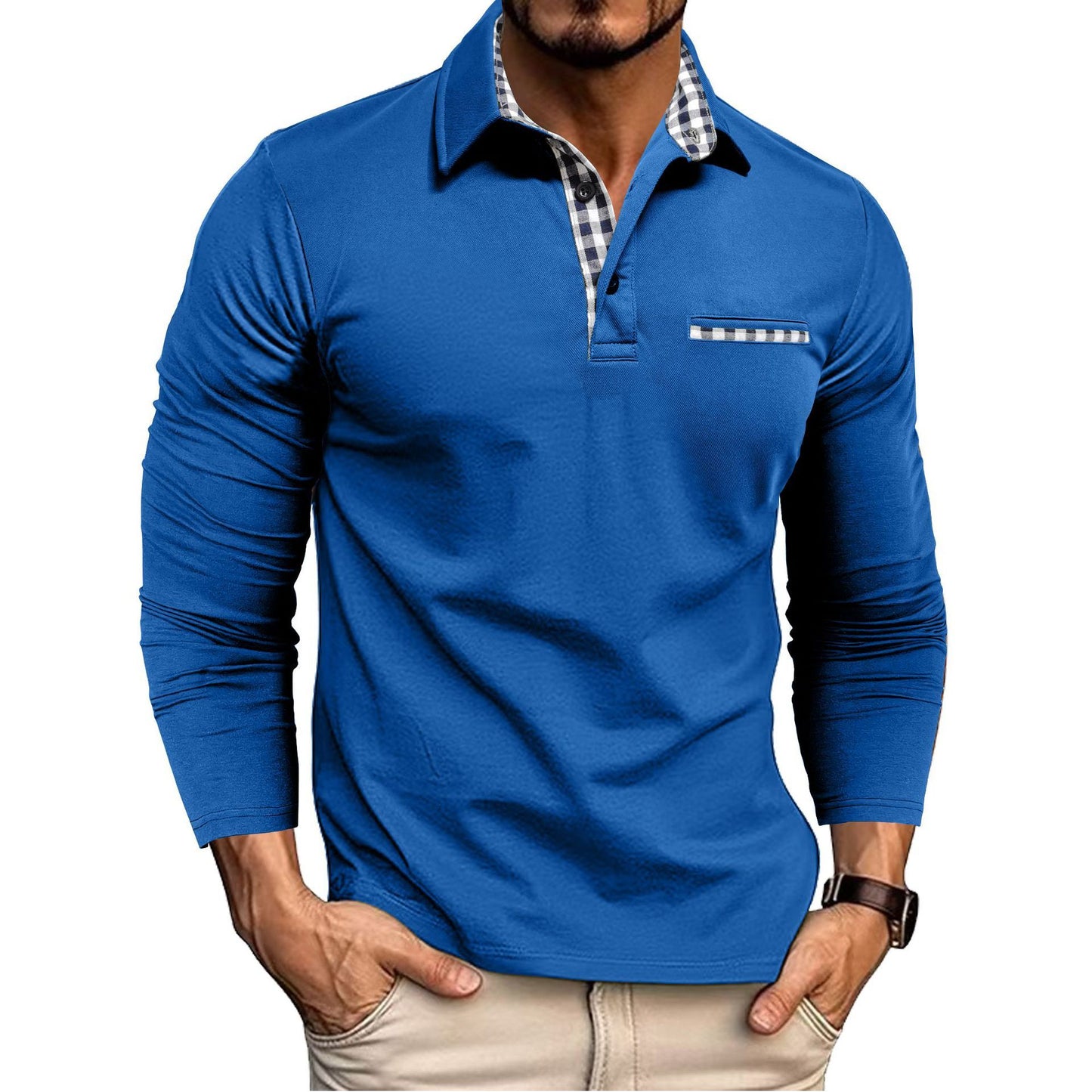 Stijlvolle Design Casual Geruite Splicing Revers Poloshirt in Effen Kleur Lange Mouwen voor Heren