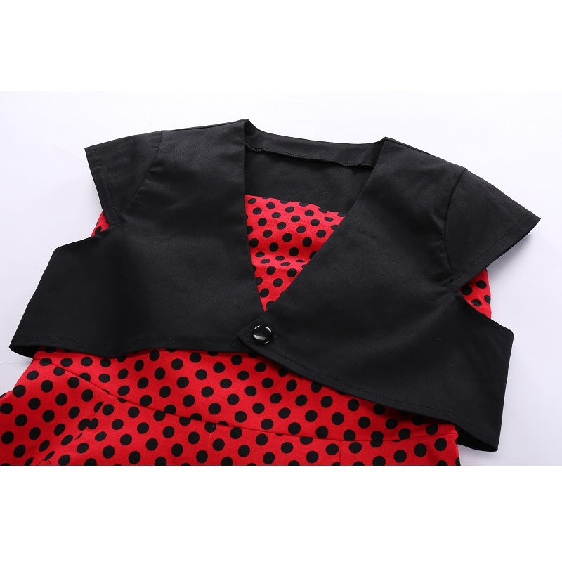 Hepburn Style Casual Vintage Rode Jurk met Korte Mouwen en Stippen-patroon voor Dames & Plus-size