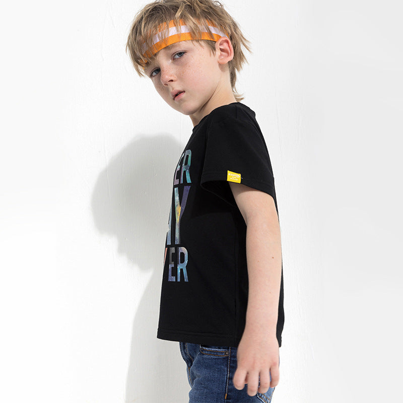 Amerikaanse Trendy Casual Bedrukte Kleurige Letterprint T-shirt met Ronde Hals en Korte Mouwen voor Kinderen