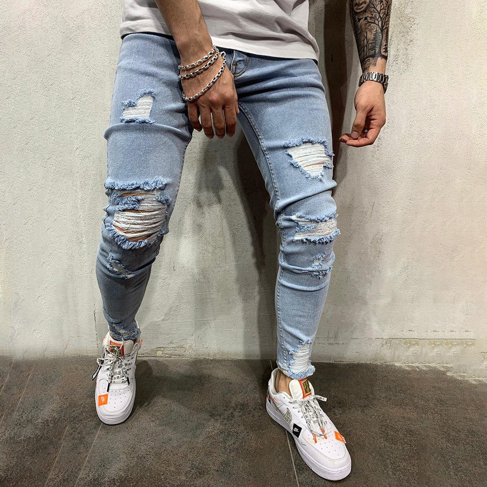 Europese en Amerikaanse High Street Slim Fit Skinny Ripped Jeans voor Heren /Jongens &Heren Plus-size