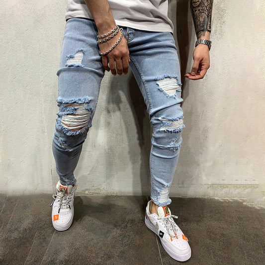Europese en Amerikaanse High Street Slim Fit Skinny Ripped Jeans voor Heren /Jongens &Heren Plus-size