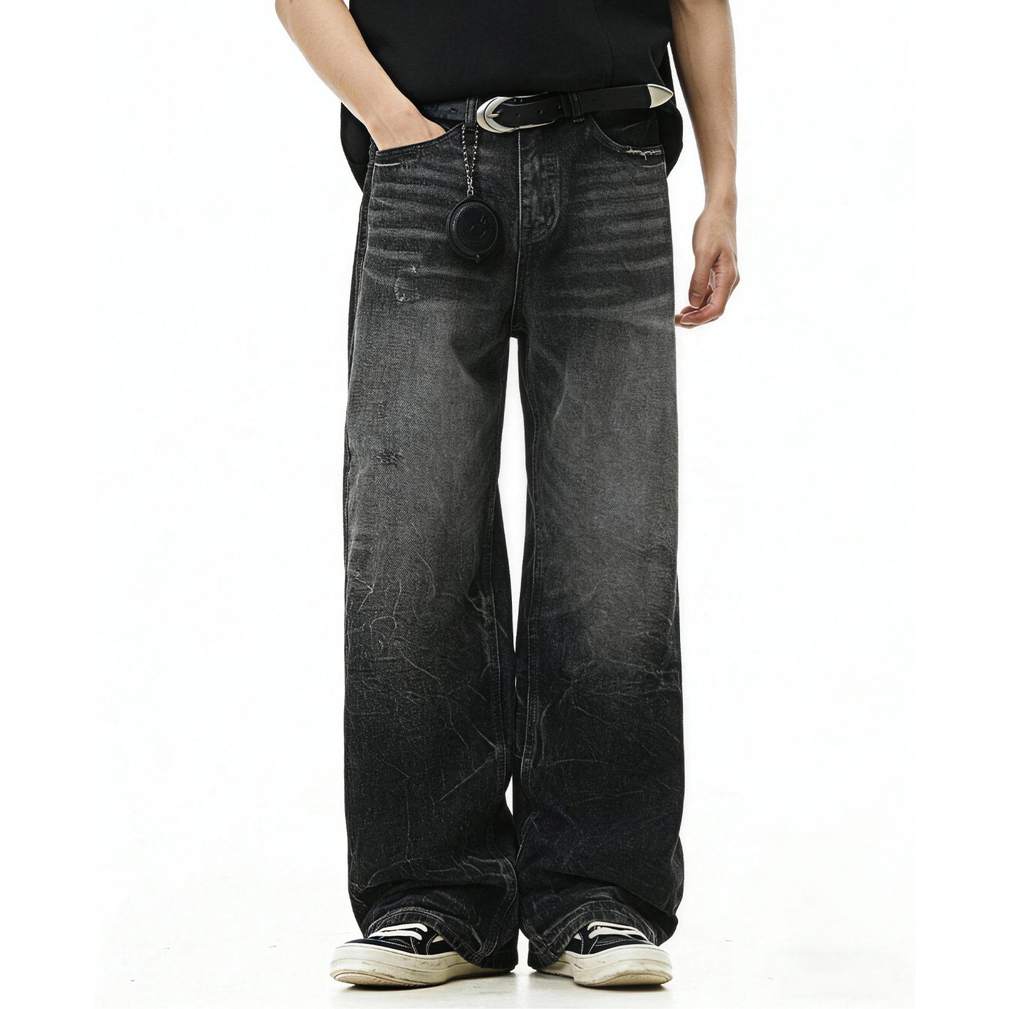 Trendy Stijlvolle Effen Kleur Distressed Casual Vintage Washed Demin Jeans met Bliksempatroon en Rechte Pijpen voor Unisex