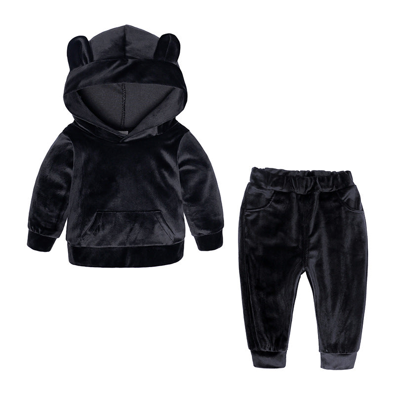 Sportieve Kinderset Casual Effen Kleur Hoodie en Bijpassende Joggingbroek van Fluweel met Gestreepte Patroon en Buidelzak voor Kinderen