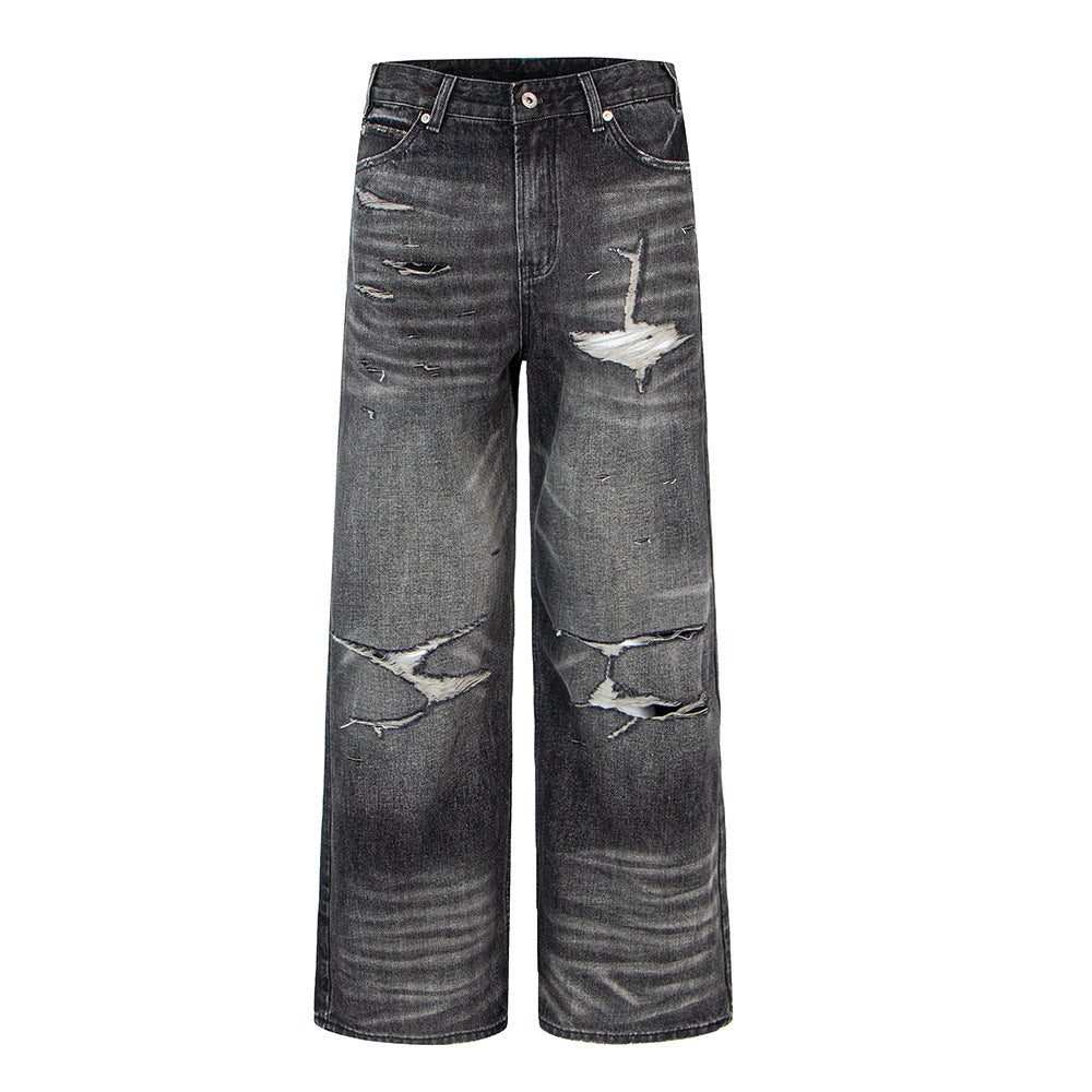 Modieuze Casual Effen Kleur Casual Vintage Washed Ripped Losse Denim Jeans met Rechte Pijpen voor Unisex