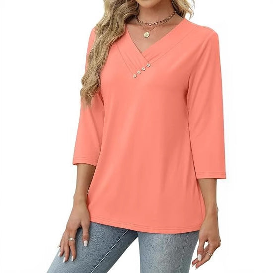 Amerikaanse Elegante Casual V-hals Shirt met knoopsluiting en Lange Mouwen voor Dames & Plus-size