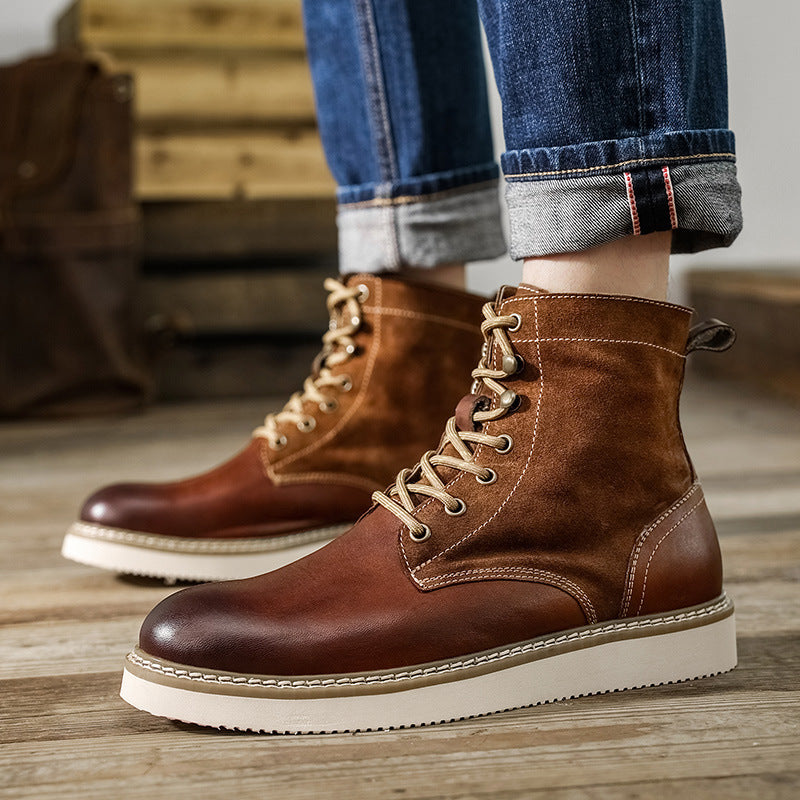 Amerikaanse Klassieke Casual Retro Effen Boots van Echte Leer met Suède en Vetersluiting voor Heren