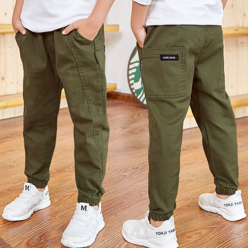 Stijlvolle Casual Effen Kleur Katoenen Linnen Dunne Multi-pocktet Chino Cargobroek voor Kinderen