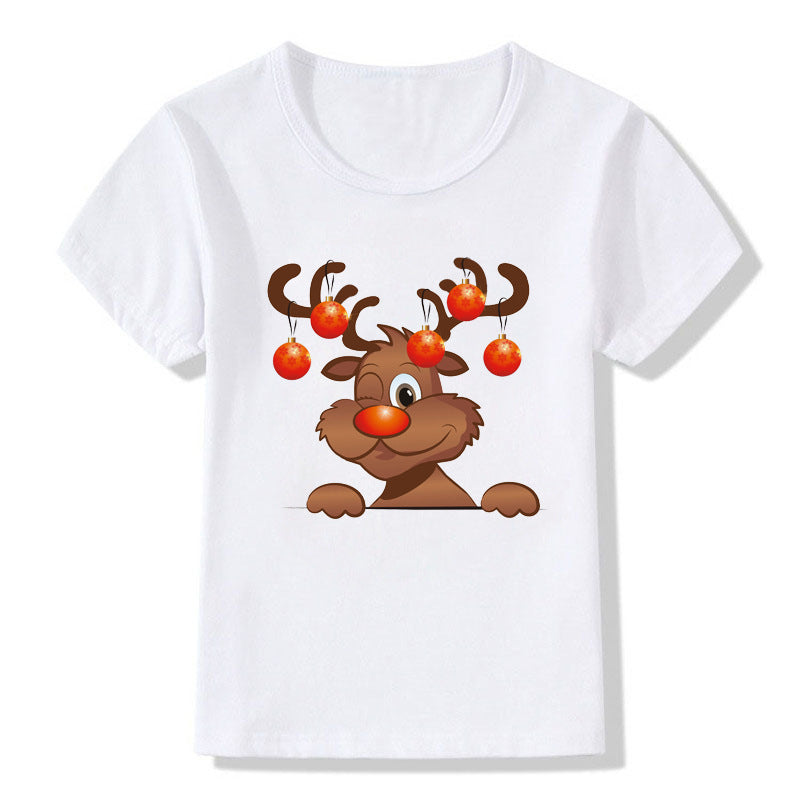 Amerikaanse Kerstmis Casual Bedrukte Schattige Cartoon Kerst T-shirt met Ronde Hals en Korte Mouwen voor Kinderen