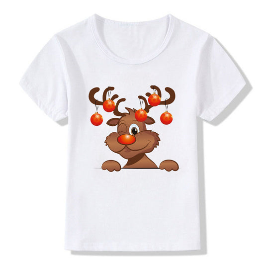 Amerikaanse Kerstmis Casual Bedrukte Schattige Cartoon Kerst T-shirt met Ronde Hals en Korte Mouwen voor Kinderen
