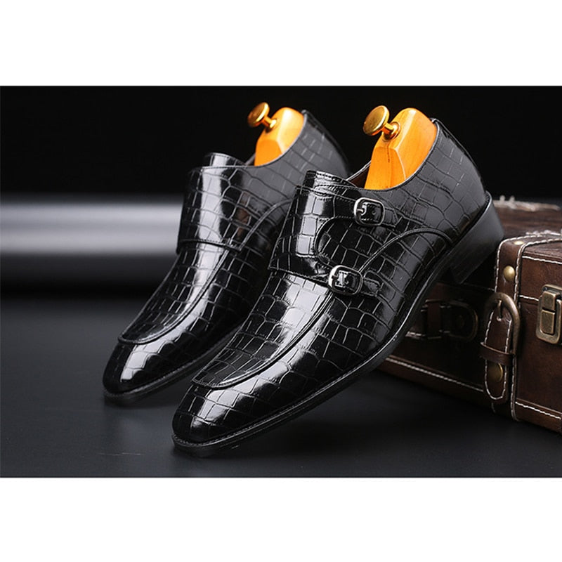 Elegante Klassieke Effen Kleur Formele Casual Business Krokodillenprint Loafers van Veganistisch Leer met Dubbel Gespsluiting voor Heren