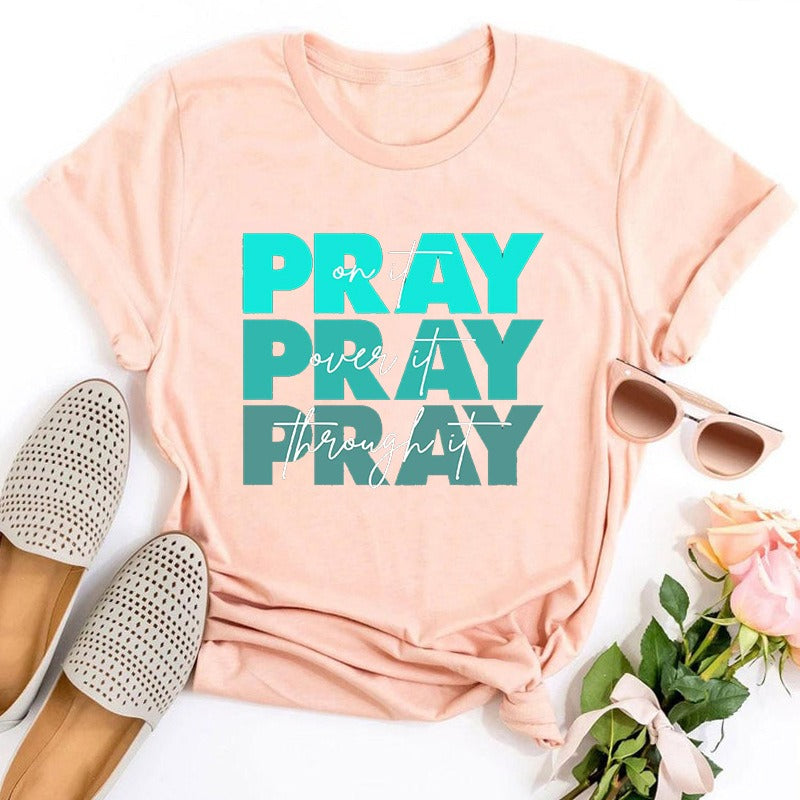 Modieuze Streetwear Effen Kleur Casual Vintage Religieus T-shirt met Ronde Hals en Korte Mouwen voor Dames/Plus-size & Meiden