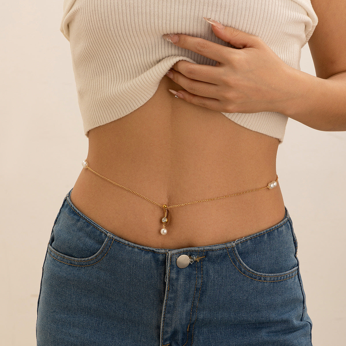 Modieuze Elegante Metalen Zirkoon Tailleketting met Navelpiercing en Imitatie Parel Kwastje voor Dames