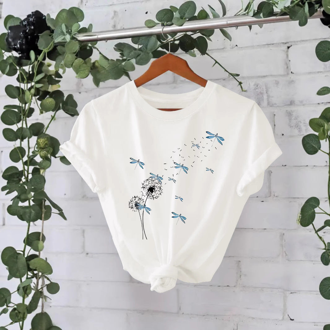 Stijlvolle Basic Streetwear Effen Kleur Casual Ronde Hals T-shirt met Paardenbloemmotief en Korte Mouwen voor Dames & Plus-Size