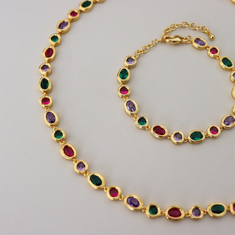 Modieuze Veelzijdige Gepersonaliseerde Niche Elegante Lichte Kleurrijke Retro Geometrische Zirkoon Halsketting/Armband voor Dames