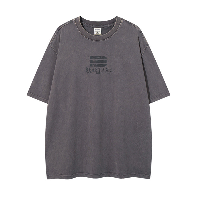 Trendy Klassieke Effen Kleur Oversized Casual Vintage Washed Letterprint T-shirt met Ronde Hals en Korte Mouwen voor Heren