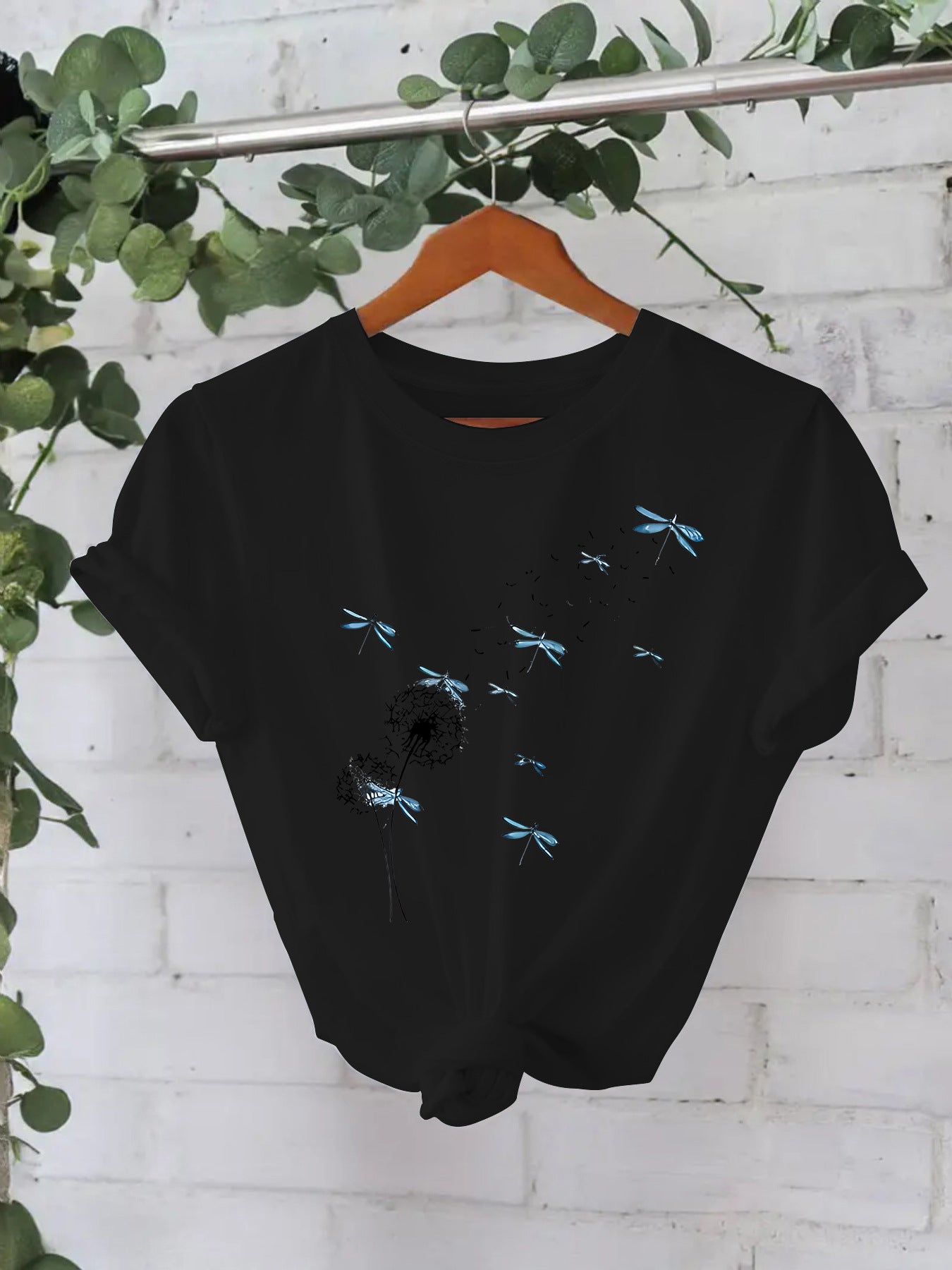 Stijlvolle Basic Streetwear Effen Kleur Casual Ronde Hals T-shirt met Paardenbloemmotief en Korte Mouwen voor Dames & Plus-Size