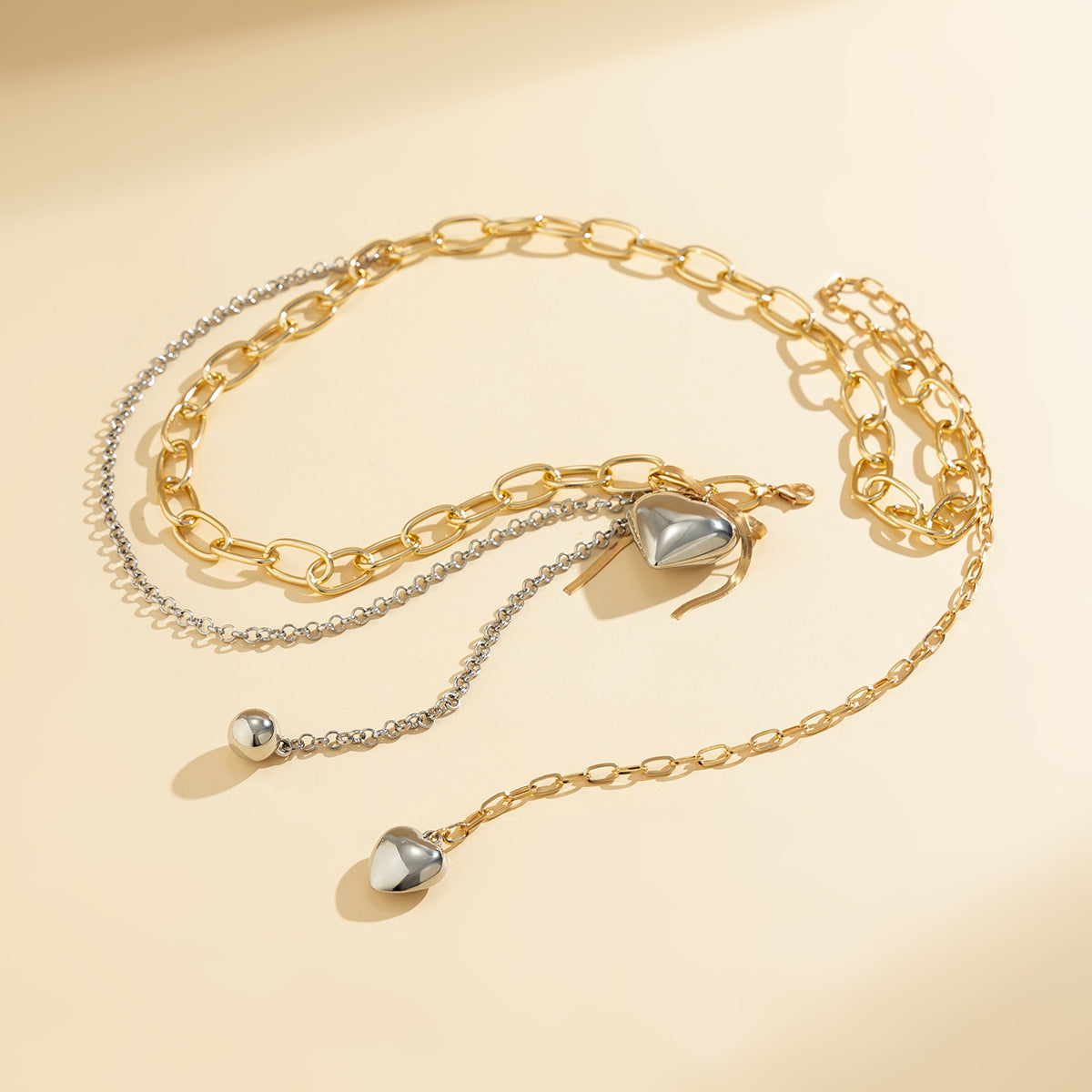 Modieuze Retro Elegante Metalen Aluminium Dubbellaagse Tailleketting met Liefdesstrik Kwastje/ Imitatieparels Kwastje voor Dames