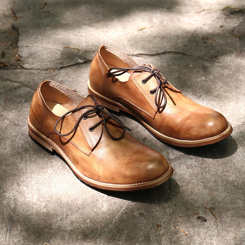 Europese en Amerikaanse Casual Eenvoudige Ademend Retro Derby Schoenen van Echt Leer in Britse Stijl met Ronde Neus en Vetersluiting voor Heren
