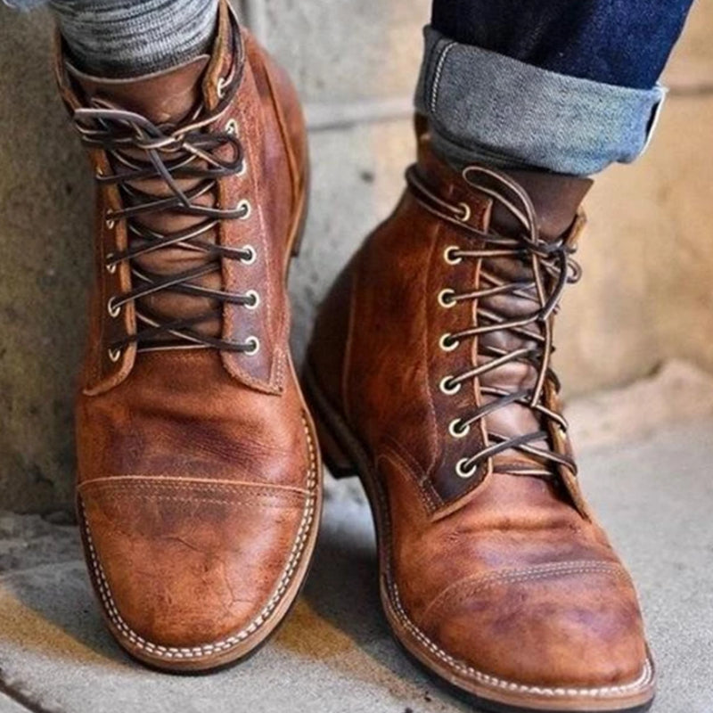 Europese en Amerikaanse Vintage Casual Workerboots van Premium Leer met Vetersluiting en Ronde Neus voor Heren