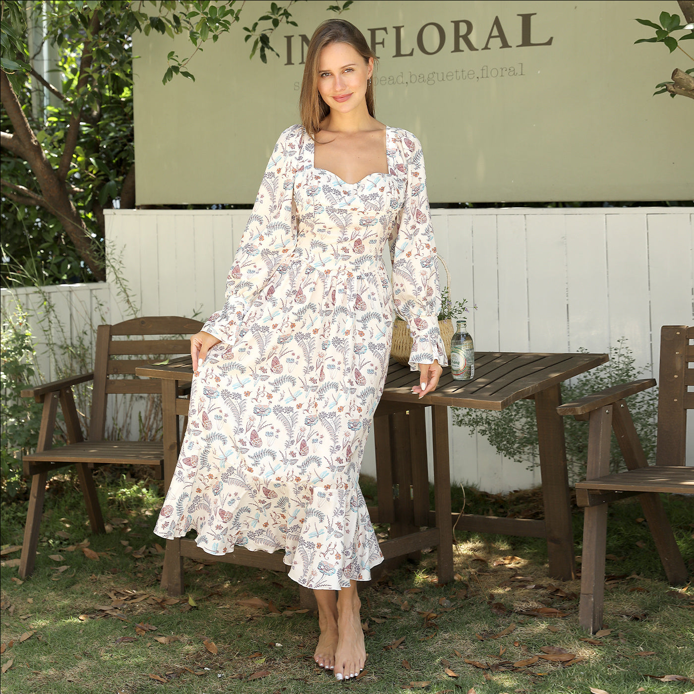 Casual Bloemenprint Maxi Trompetjurk met Vierkante Hals en Lange Mouwen voor Dames & Plus-size