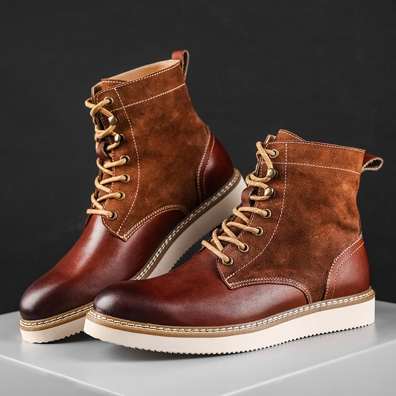 Amerikaanse Klassieke Casual Retro Effen Boots van Echte Leer met Suède en Vetersluiting voor Heren