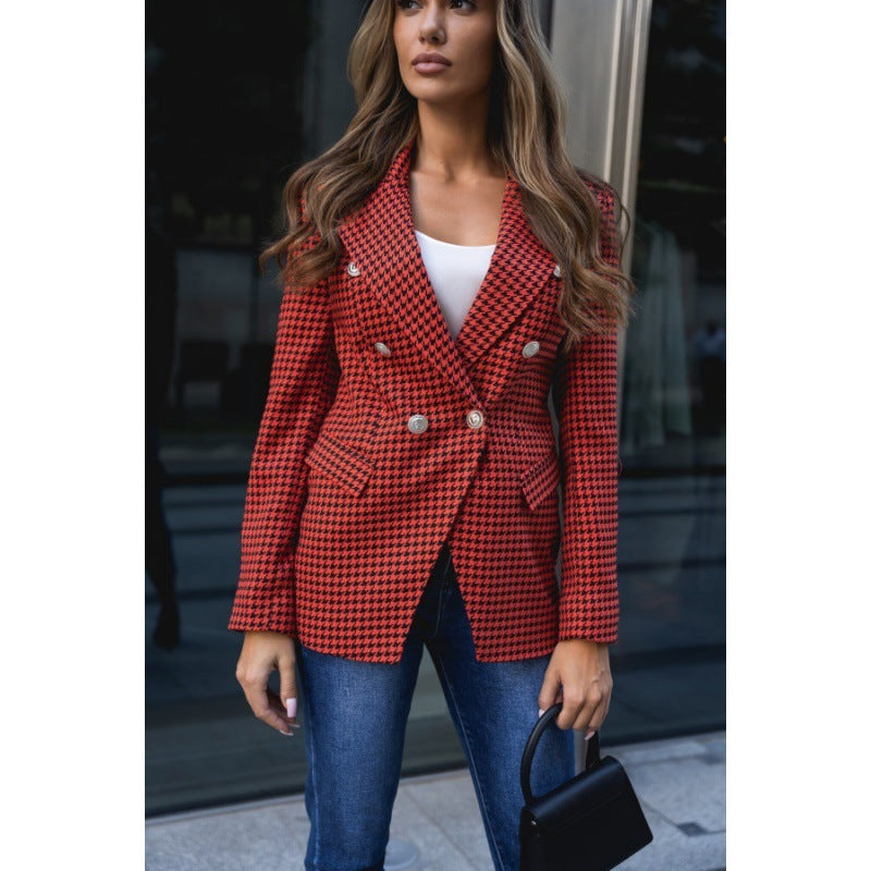 Temperament Pied-de-poule Blazer met Knoopsluiting en Zakken voor Dames & Plus-size