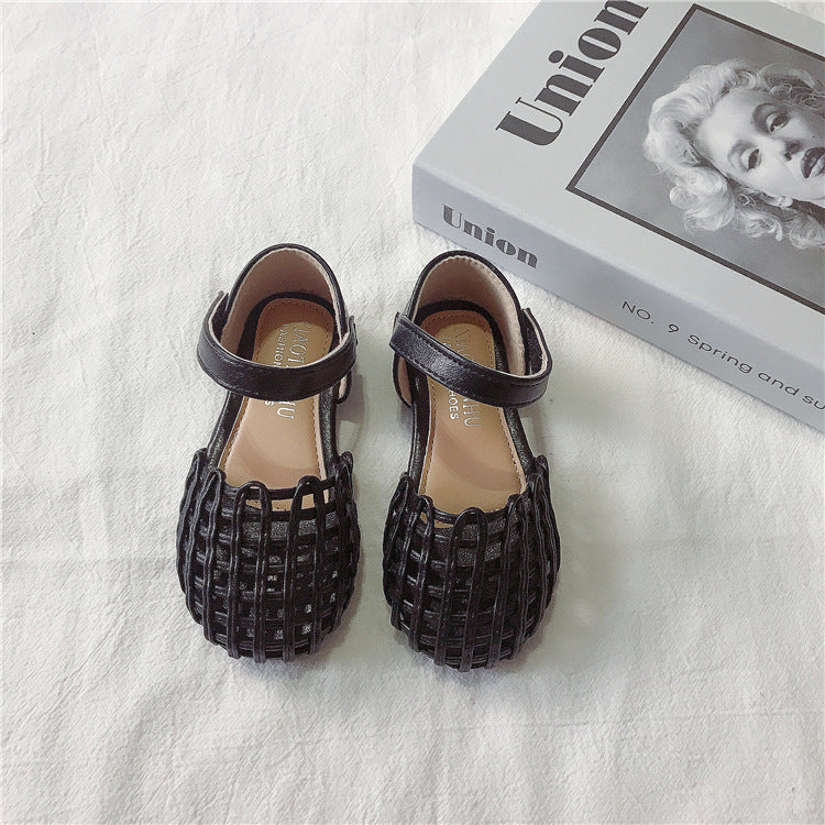 Elegante Stijlvolle Geweven Antislip Sandalen van PU-Leer in Effen Kleur met Ronde Neus en Klittenband voor Meisjes & Meiden