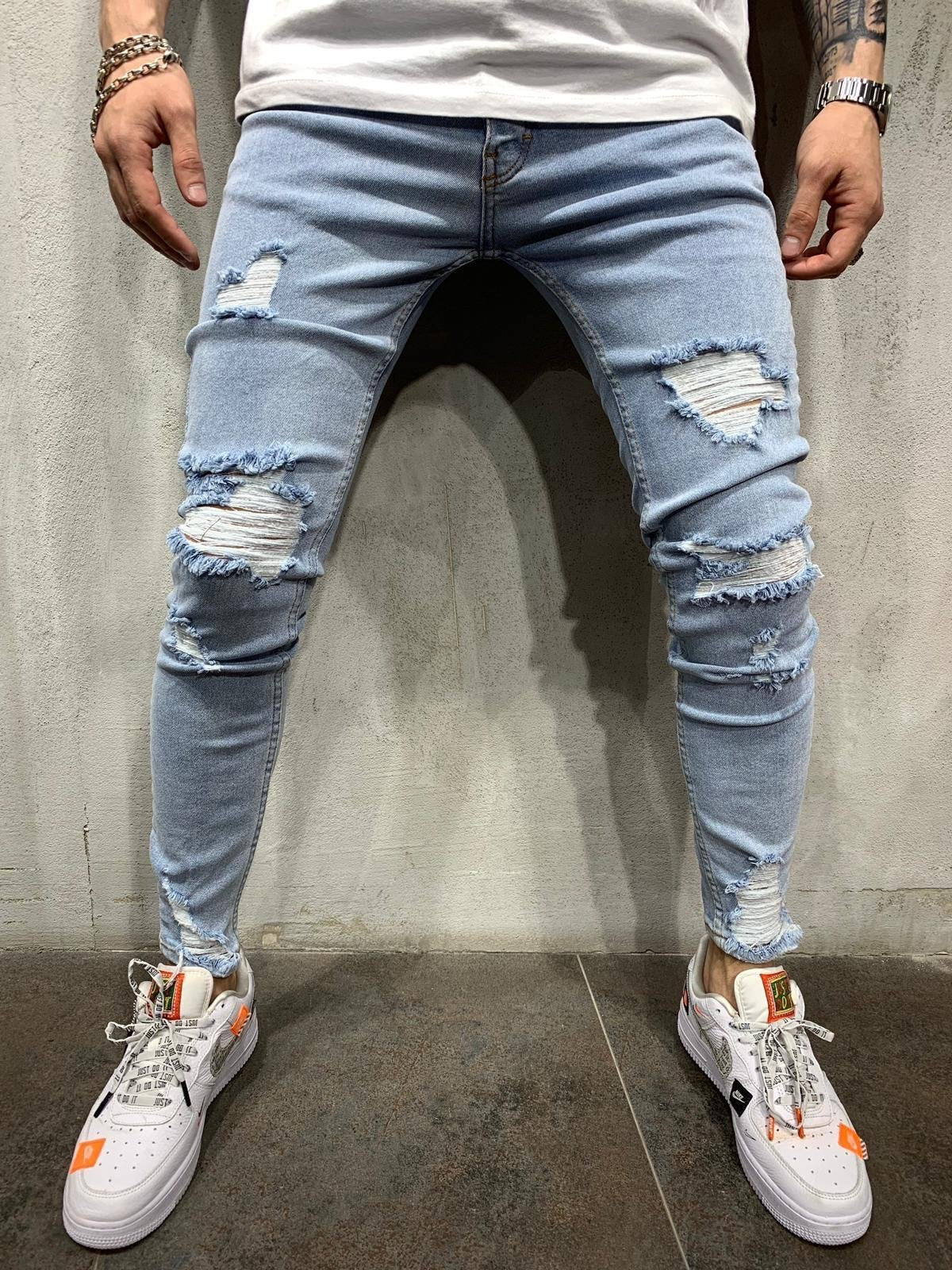 Europese en Amerikaanse High Street Slim Fit Skinny Ripped Jeans voor Heren /Jongens &Heren Plus-size