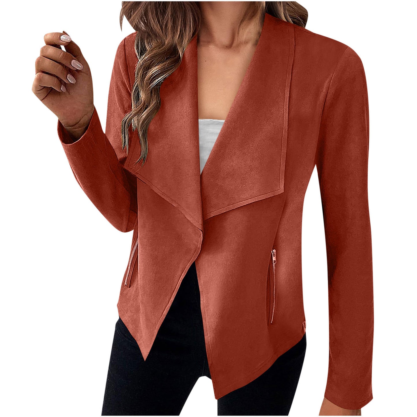 Stijlvolle Casual/Business in Effen Kleur Revers Suède Open Blazer met Ritszakken voor Dames & Plus-size