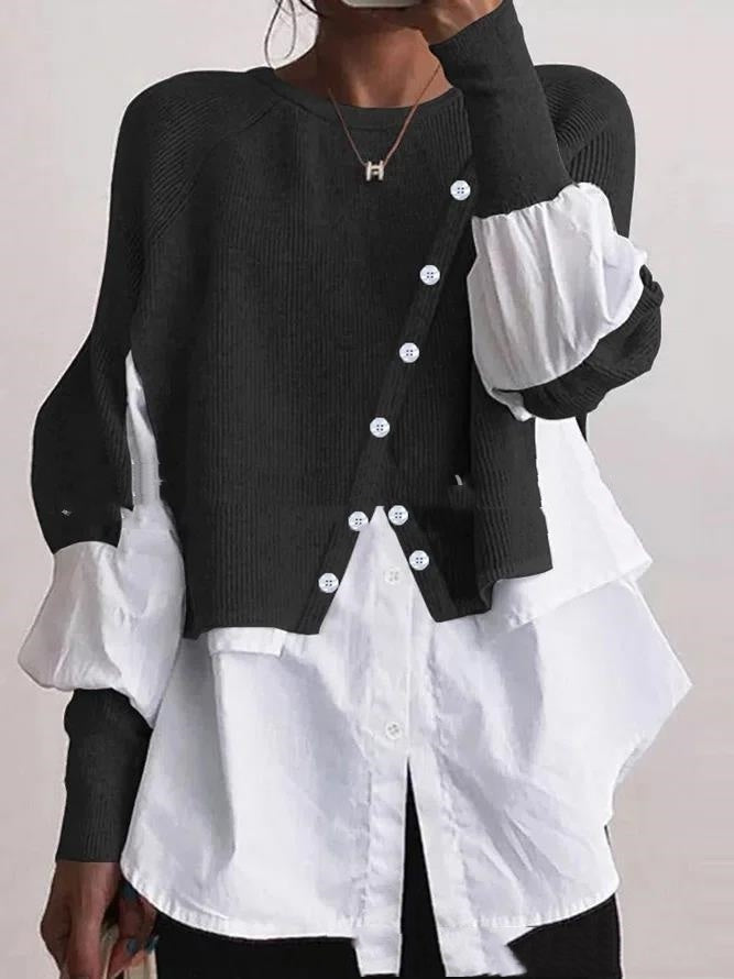 Trendy Ontwerp Ronde Hals Gebreide Trui Witte Shirt met Knoopsluiting en Lange Mouwen voor Dames & Plus-size