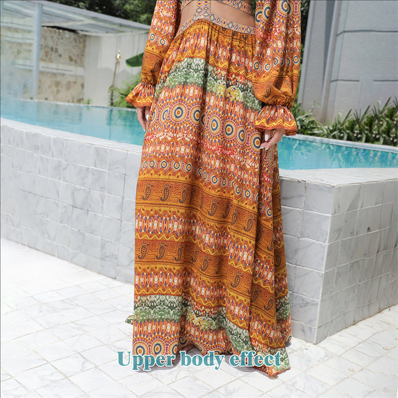 Elegante Vintage Bloemenprint Boho Maxi-jurk met V-hals en Lange Pofmouwen voor Dames & Plus-size