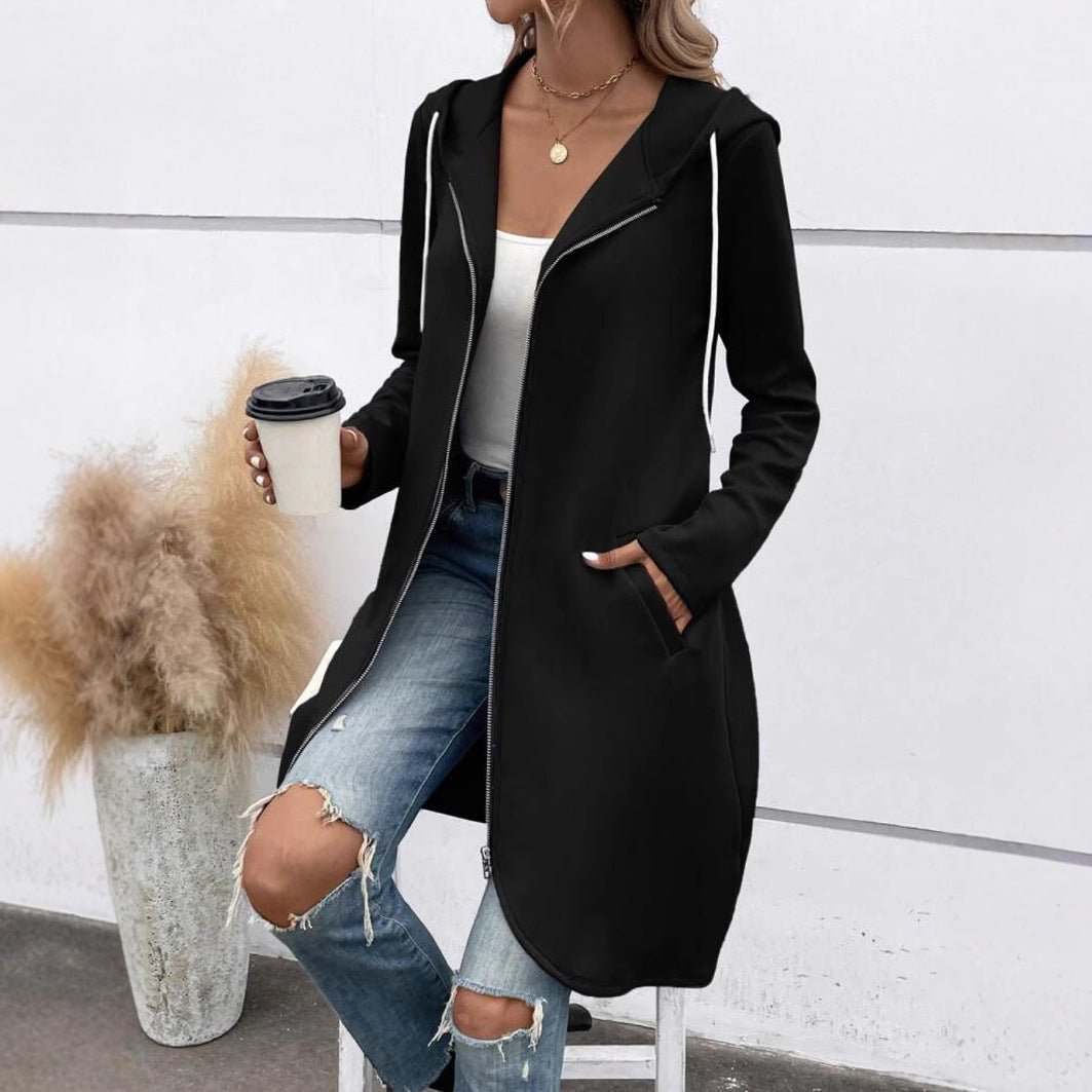 Casual Streetwear Stijlvolle Effen Kleur Fluwelen Capuchon Sweatvest Lang met Ritssluiting en Zakken voor Dames & Plus-size