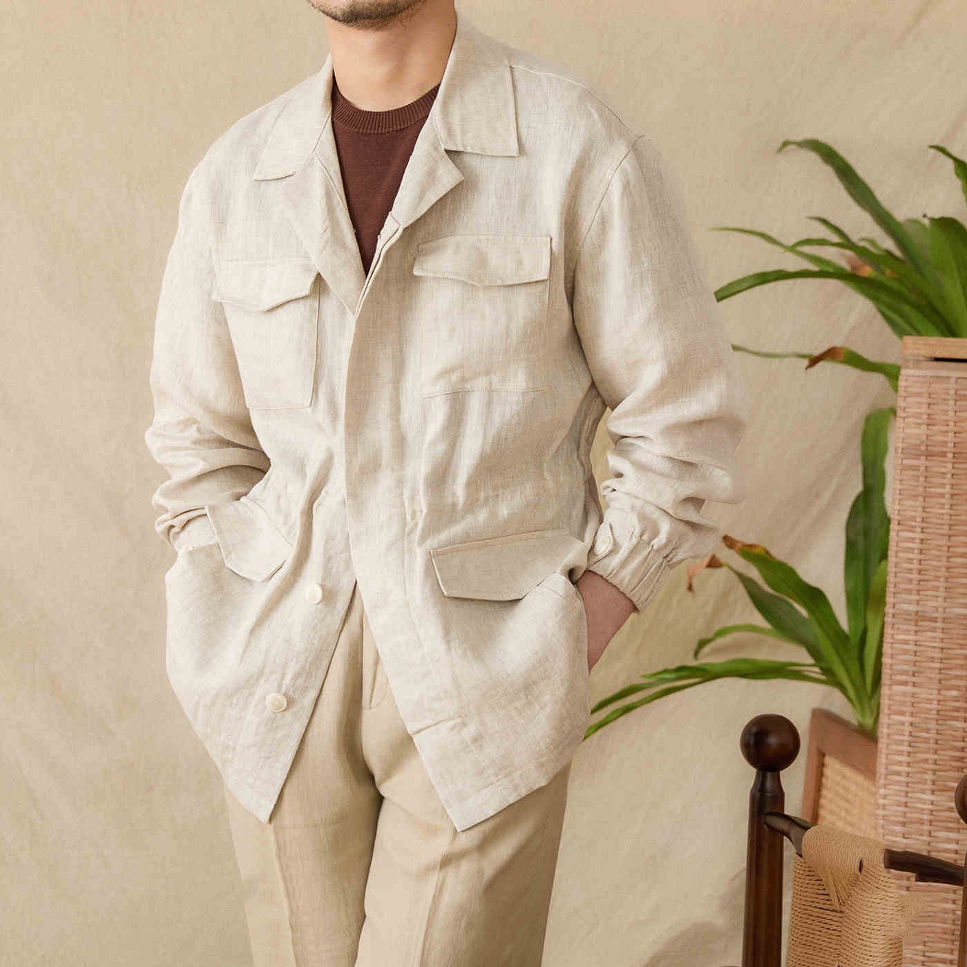 Trendy Losse Linnen Jacket met Knoopsluiting en Trekkoord voor Heren