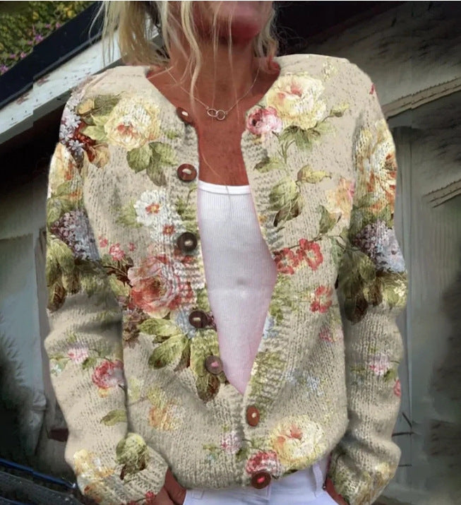 Elegante Casual 3D Digitaalprint Gebreide Trui-vest met Lange Mouwen en Knoopsluiting voor Dames & Plus-size