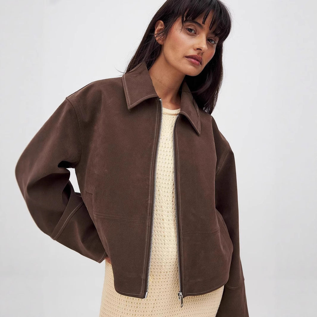Europese en Amerikaanse Trendy Donkerbruine Suède Jacket met Ritssluitng voor Dames & Meiden
