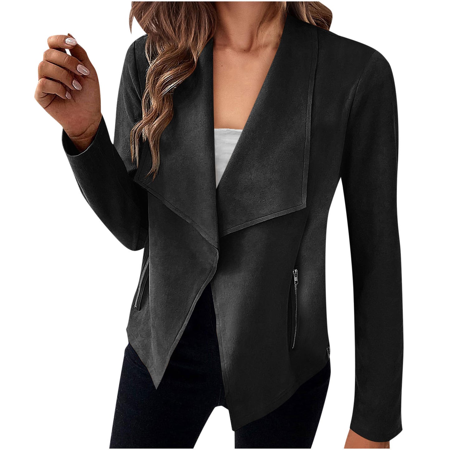 Stijlvolle Casual/Business in Effen Kleur Revers Suède Open Blazer met Ritszakken voor Dames & Plus-size