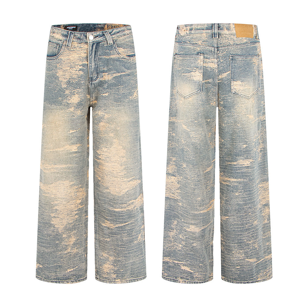 Trendy Streetstyle Modieuze Afslankende Effen Kleur Casual Vintage Washed Ripped Losse Demin Jeans met Rechte Wijde Pijpen voor Unisex