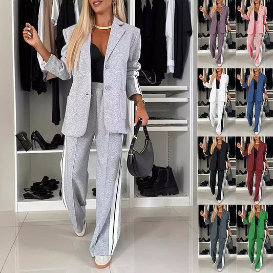 Stijlvolle Casual Business Effen Kleur Gestreepte 2-delige Sportpak * Oversized Revers Blazer met Knoopsluiting & Rechte Stretch Broek voor Dames & Plus-size