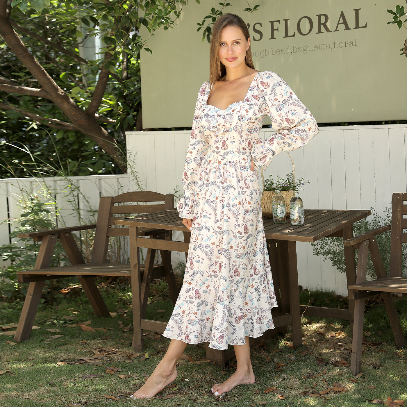 Casual Bloemenprint Maxi Trompetjurk met Vierkante Hals en Lange Mouwen voor Dames & Plus-size