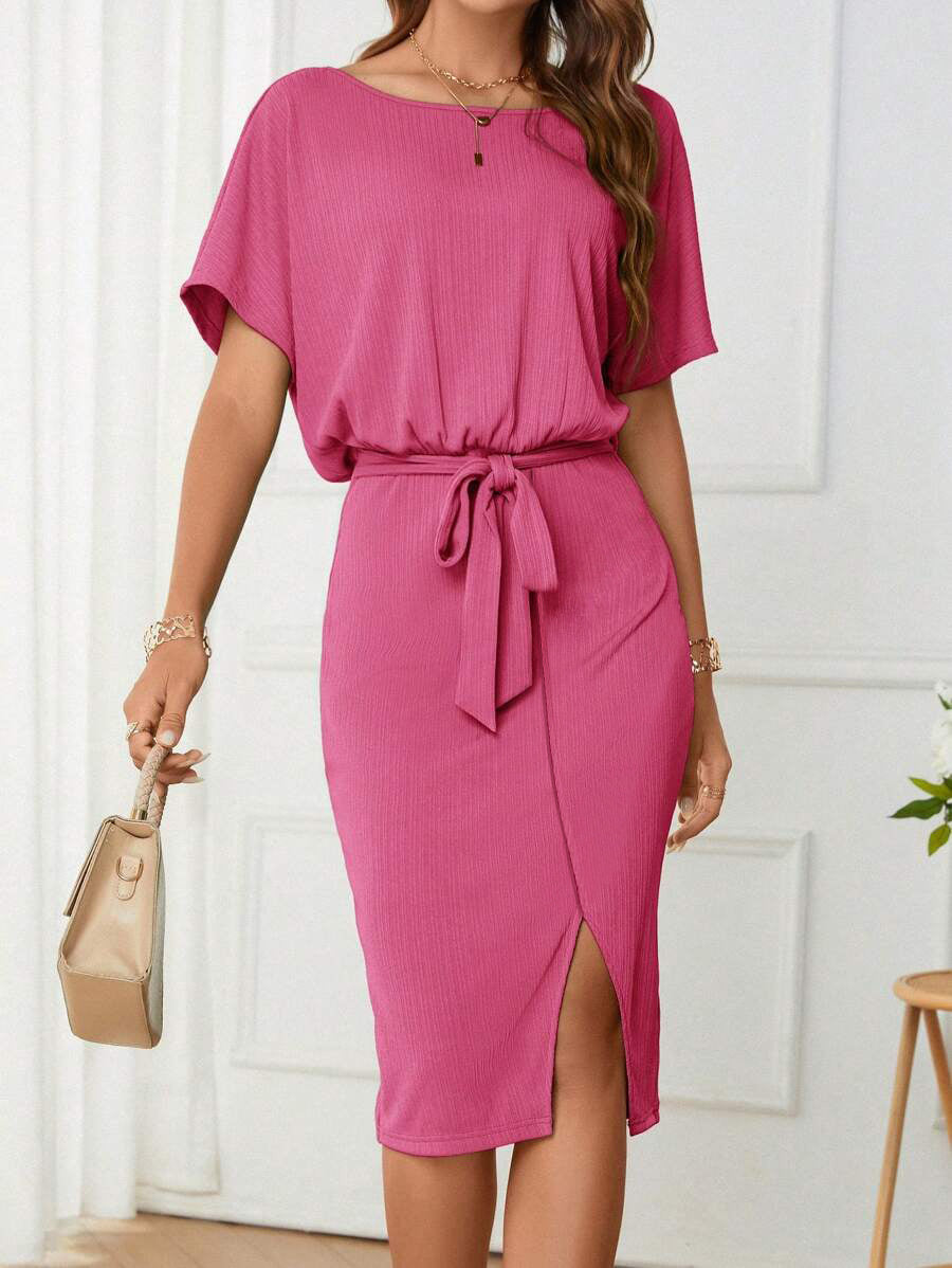 Elegante/Business A-lijn Effen Kleur Korte Mouw Midi-jurk met Split en Riem voor Dames & Plus-size